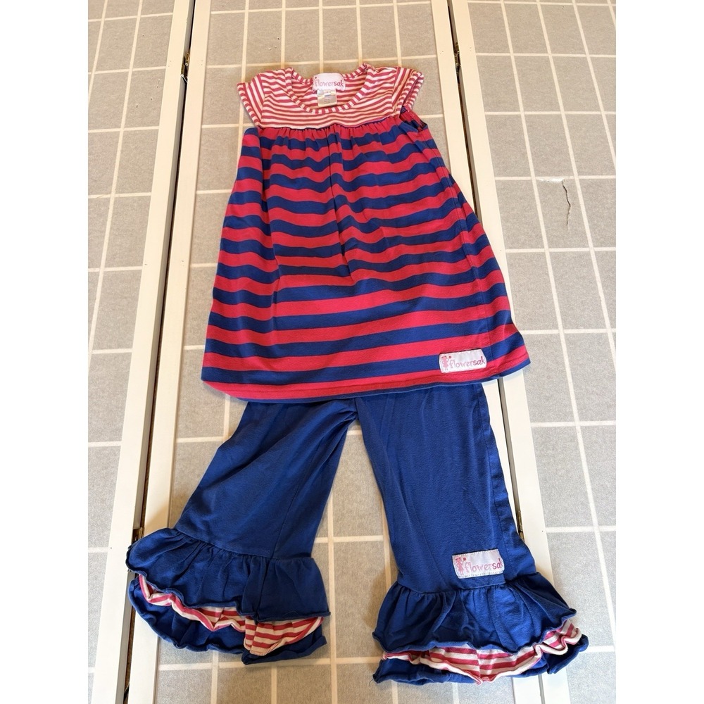 Flowersac Girls Sz 7 Blue Pink Boutique Set Ruffle Pants Short Sleeve Preppy EUC